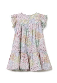 Kleid mit Blumenmuster und Rüsch Ärmeln in Pastellfarben: Rosa, Grün, Lila und Gelb. Gestuftem Rock mit gerafften Details.