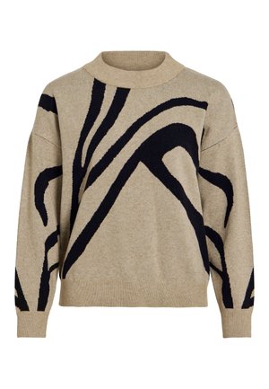 Beige knit sweater with black abstract curved lines, ribbed turtleneck collar, cuffs, and hem, displayed against white background.