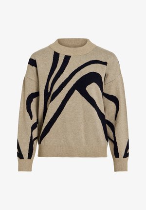 Suéter de punto beige con líneas curvas abstractas negras, con cuello alto acanalado, puños y dobladillo, exhibido sobre un fondo blanco.