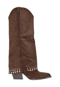 Brun ruskind støvle til midt på læggen med sidelås, blokhæl og sølvnitter langs øverste kant af foden og nederste skaft.