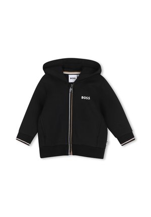 Sweat à capuche noir avec fermeture éclair à l'avant, logo "BOSS" sur la poitrine, manches longues et capuche, conçu pour les enfants.