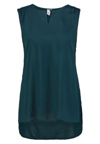 Ärmös mörk teal-blus med rundad V-formad krage och något längre bakre fåll.