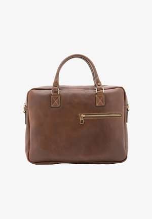 Valigetta in pelle marrone con due manici e una piccola tasca orizzontale con cerniera sul lato frontale.