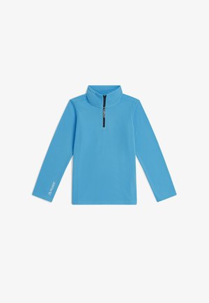 Šviesiai mėlynas ilgo rankovės viršus, pagamintas iš minkštos medžiagos, su pusiau užtrauktuku priekyje, aukšta apykakle ir logotipo akcentais ant krūtinės ir rankovės.