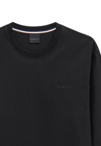 Schwarzes Bugatti Langarmshirt mit runden Ausschnitt und dezentem Markenlogo auf der Brust, ausgestattet mit gestreiftem Innenkragen-Detail.