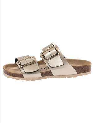Gold metallic slide sandals with two wide straps and gold buckles, featuring a cork footbed and a flexible, textured outsole.