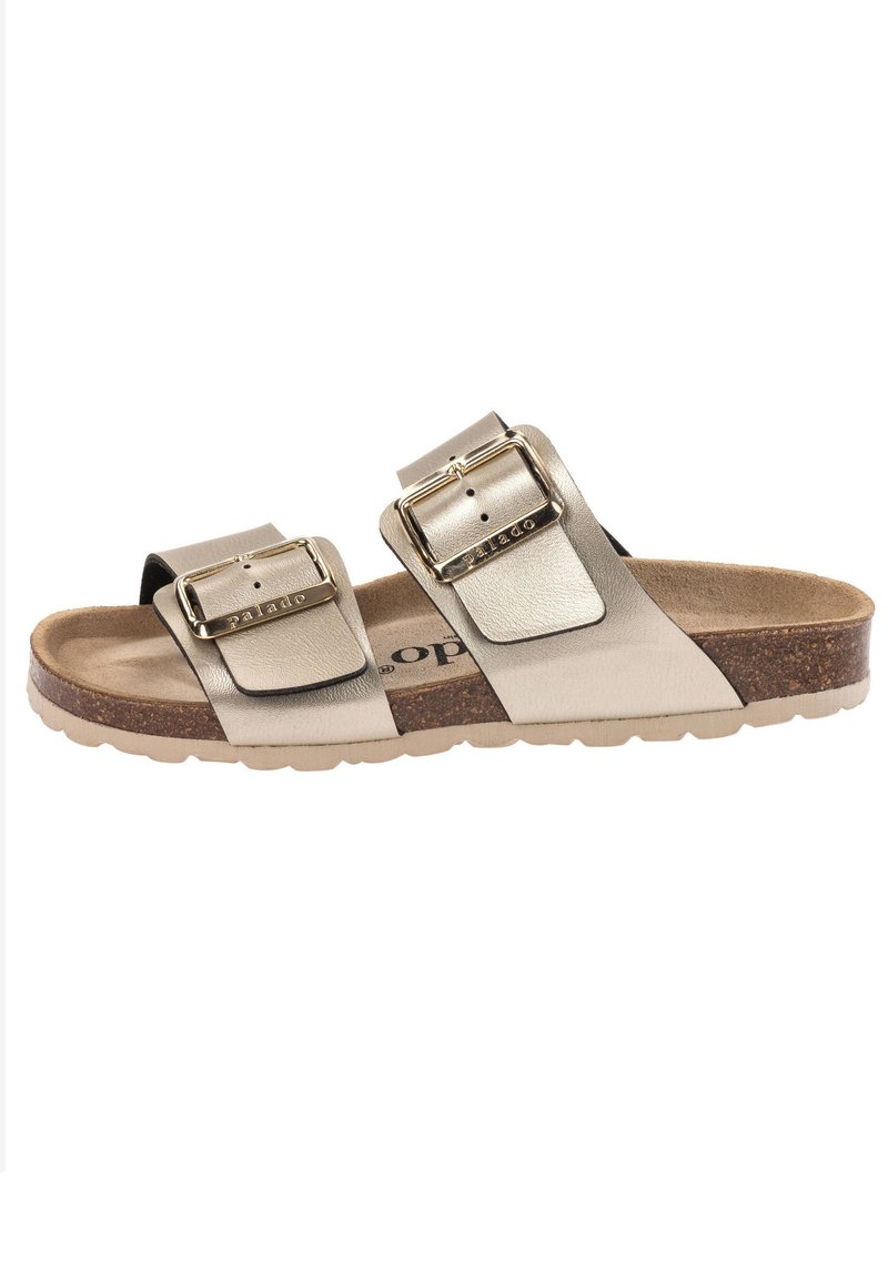 Sandalias de deslizamiento metálicas doradas con dos correas anchas y hebillas doradas, que presentan una plantilla de corcho y una suela flexible y texturizada.
