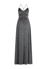 Maxikleid aus schimmerndem dunkelgrauem Stoff. Es hat ein tailliertes Oberteil mit überkreuzten Trägern, Ausschnitt-Details und einem fließenden Rock.