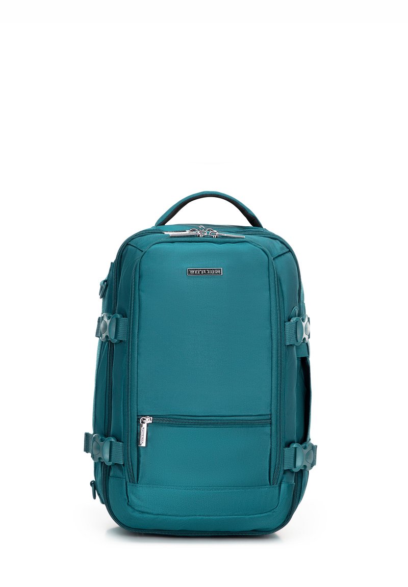 Turkusowy plecak o eleganckim, prostokątnym wzorze; wykonany z wytrzymałego materiału; posiada zamki błyskawiczne, boczne klamry oraz kieszeń z przodu.