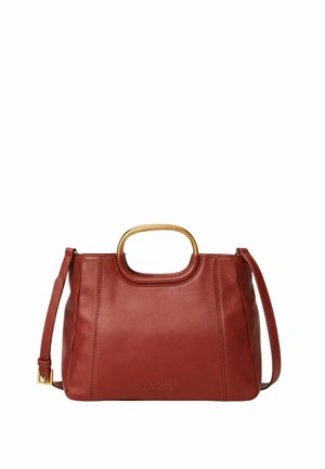 Borsa a tracolla in pelle marrone con manici ovali in metallo dorato in alto e tracolla regolabile, con la scritta TWINSET Milano impressa al centro anteriore.