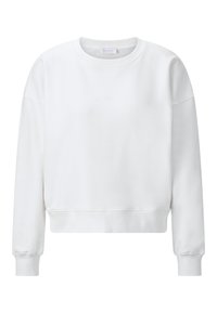 Sudadera blanca con cuello redondo, hombros caídos y puños de canalé. Presenta un sutil logo en relieve en el pecho y un corte relajado.