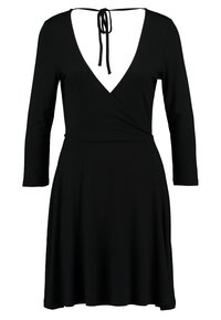 Svart omlottklänning med lång ärm, djup V-ringning och justerbart knytband bak. Tillverkad av mjukt tyg och har en utsvängd kjol.