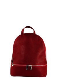 Sac à dos en cuir rouge avec une forme arrondie, une surface texturée, une poignée en haut et deux fermetures éclair à l'avant et en bas.