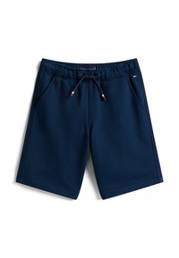 Marineblaue lässige Shorts mit elastischem Bund, Kordelzug mit roten, weißen und blauen Spitzen, frontalen Taschen und kleinem Flaggenlogo an der rechten Tasche.