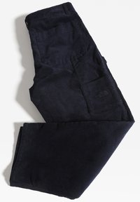 Pantaloni in corduroy blu navy con taglio dritto, dotati di tasca laterale e logo North Face impresso sul retro.