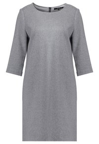 Grå knälång klänning i textilerad tyg, med rund halsringning och trekvartsärmar, med dragkedja bak.
