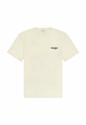 Cream-colored t-shirt made of cotton, featuring short sleeves and a crew neckline. Wrangler logo in black on the left chest area.
