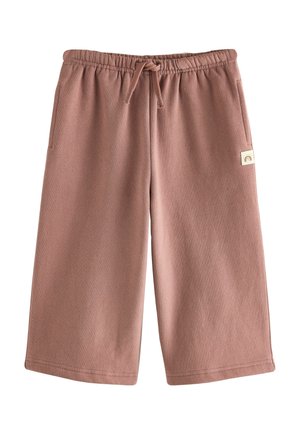 Brązowe szorty z miękkiego materiału do kolan, z elastycznym paskiem w talii, sznurkiem, bocznymi kieszeniami oraz małą metką z logo tęczy na prawym udzie.