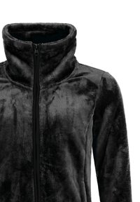 Schwarze Fleecejacke mit hohem Kragen, Reißverschluss und weicher Textur. Das Design umfasst lange Ärmel und eine glatte Optik.