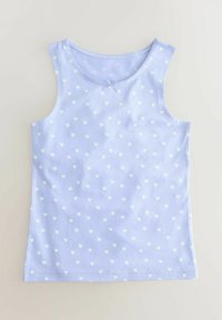 Hellblaues Tanktop mit rundem Halsausschnitt, das ein weißes Herzmuster und einen kleinen Schleifenakzent am Kragen aufweist. Aus Baumwollmaterial.