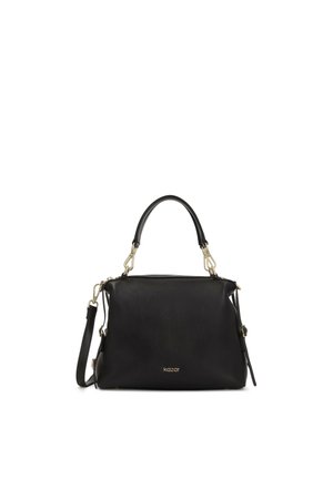 Sac à main en cuir noir avec poignée supérieure et bandoulière amovible, quincaillerie dorée et petit logo "kazar" au centre avant.