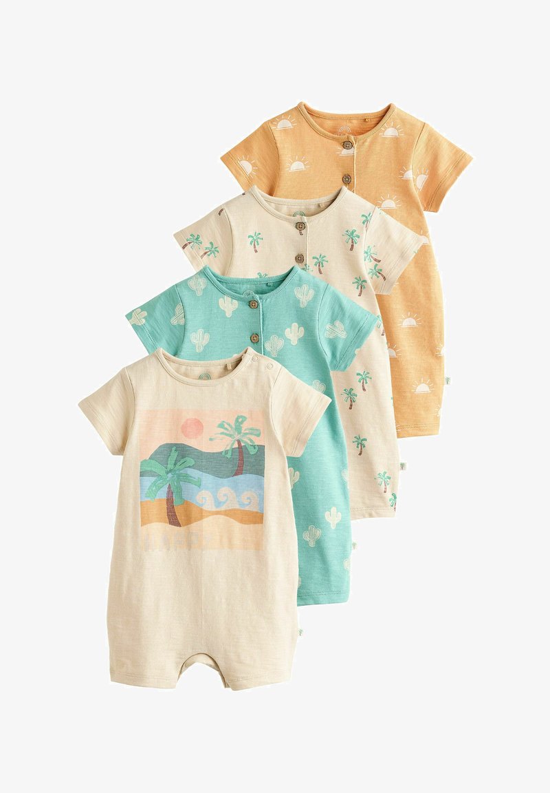 Cztery krótko rękawowe kombinezony w odcieniach beżowym, teal i brzoskwiniowym. Wśród cech znajdują się zapięcia na guziki, wzory z palmami i kaktusami oraz grafika plaży.