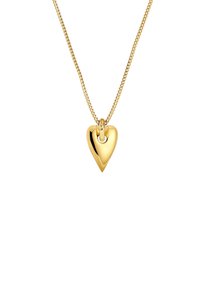 Goldfarbener herzförmiger Anhänger an einer feinen Goldkette. Der Anhänger hat eine glänzende, glatte Oberfläche mit einer leichten Vertiefung an der Oberseite.