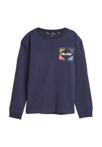 Donkerblauwe langarmsgemerk shirt van katoen, met een kleurrijk grafisch logo op de borst met geometrische vormen en tekstelementen.