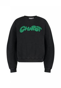 Zwarte crewneck trui met groene tekst "CHAPOT" geborduurd op de borst, voorzien van geribbelde boorden en zoom.