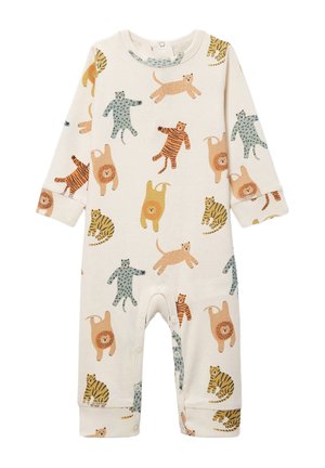 Combinaison pour bébé de couleur crème, manches longues, boutons-pression et imprimés d’animaux ludiques comprenant des lions, tigres, léopards et ours dans des couleurs douces.