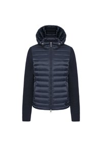 Granatowa hybrydowa kurtka z pikowanym przodem i dzianinowymi rękawami, wyposażona w kaptur i zamek błyskawiczny z przodu. Gładka faktura z subtelnym logo.