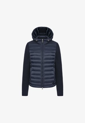 Laivastonsininen hybriditakki, jossa tikattu toppaus edessä ja neulotut hihat, huppu ja vetoketju edessä. Sileä tekstuuri ja hillitty brändäys.