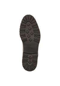 Sole in gomma nera con profonde scanalature che presentano motivi a diamante e lineari per una migliore aderenza. Area centrale liscia con logo in rilievo.