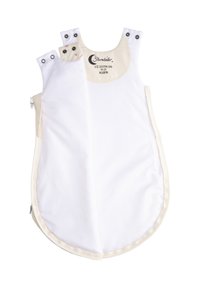 Weißer Schlafsack mit beigen Akzenten, ausgestattet mit Druckknöpfen an den Schultern und einem Reißverschluss an der Seite für einfachen Zugriff. Weicher Stoffkomfort.