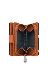 Brown and black zip wallet with dual compartments, zigzag lining pattern, and silver hardware. Features a snap closure and smooth texture.