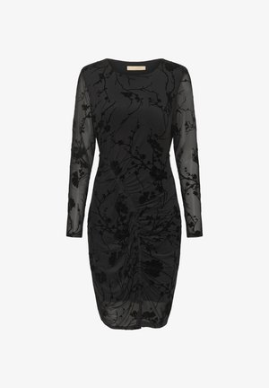 Pika pikk varrukatega must kleit lillelise sametimustriga, volangide detailide ja keha liibuva lõikega. Kanga koostis on õhuline ja sileda tekstuuriga.