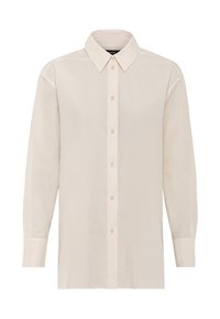 Beige Langarmhemd aus leichtem Stoff, mit klassischem Kragen, frontaler Knopfverschluss und taillierter Passform. Glatte Textur.