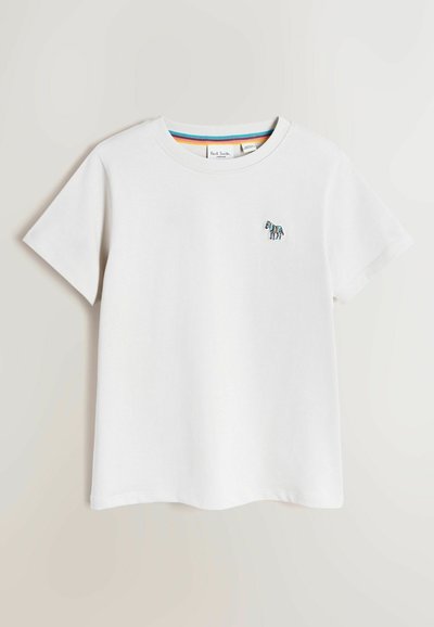 Hvid bomulds-T-shirt med rund halsudskæring og korte ærmer. Har en lille, farverig broderet zebra på venstre bryst.