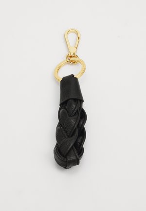 Black leather keychain with a braided design. Features a gold metal clasp and ring, providing a secure attachment point.