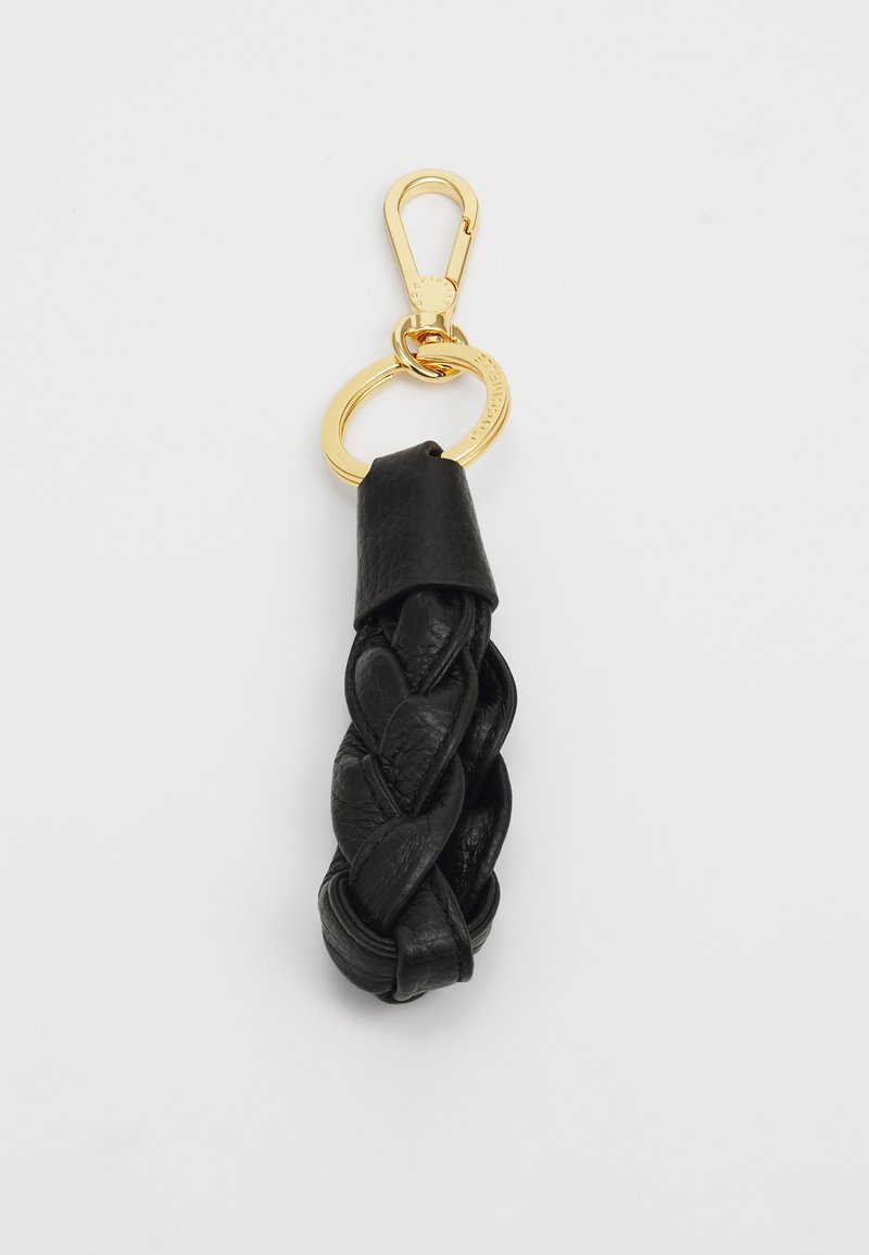 Black leather keychain with a braided design. Features a gold metal clasp and ring, providing a secure attachment point.