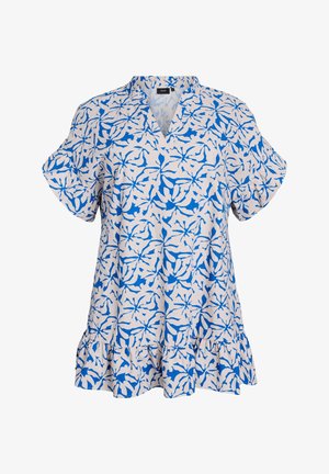 Blauw en witte bloemdessin blouse, korte mouwen, V-hals, losse pasvorm, gerimpelde zoom, lichtgewicht stof met een gladde textuur.