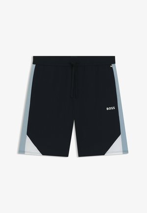 Zwarte zwembroek met lichtblauwe zijkanten en witte accenten. Voorzien van een trekkoord in de taille en een geborduurd "BOSS"-logo op de voorkant.