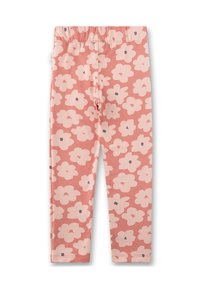 Rosa Leggings mit hellrosafarbenen Blumenmustern und kleinen dunklen Zentren, ausgestattet mit einem elastischen Bund und geraden Beinen.