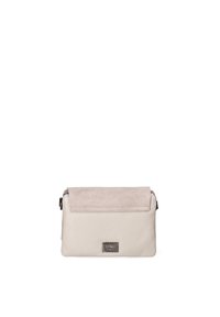 Borsa a tracolla in pelle e suede beige chiaro con pattina pieghevole, finitura testurizzata e dettagli in argento discreto.