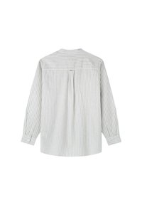 Camicia a maniche lunghe grigia chiaro con righe verticali, dotata di un plissettatura sul retro, polsini con bottone e orlo arrotondato. Realizzata in un tessuto morbido.