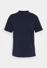 Mørkeblå kortærmet t-shirt med en mock neck, lavet af et glat stof, med en afslappet pasform og en lige kant.