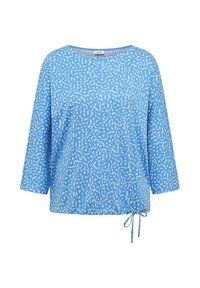 Haut bleu en tissu avec motif abstrait blanc, doté d'un col rond et de manches trois-quarts, avec un lien ajustable à l'ourlet.