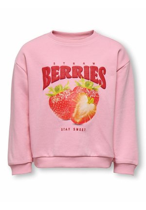 Pink sweatshirt with large red text "BERRIES," two strawberries graphic, and smaller text "STRAW" above and "STAY SWEET" below the fruit.