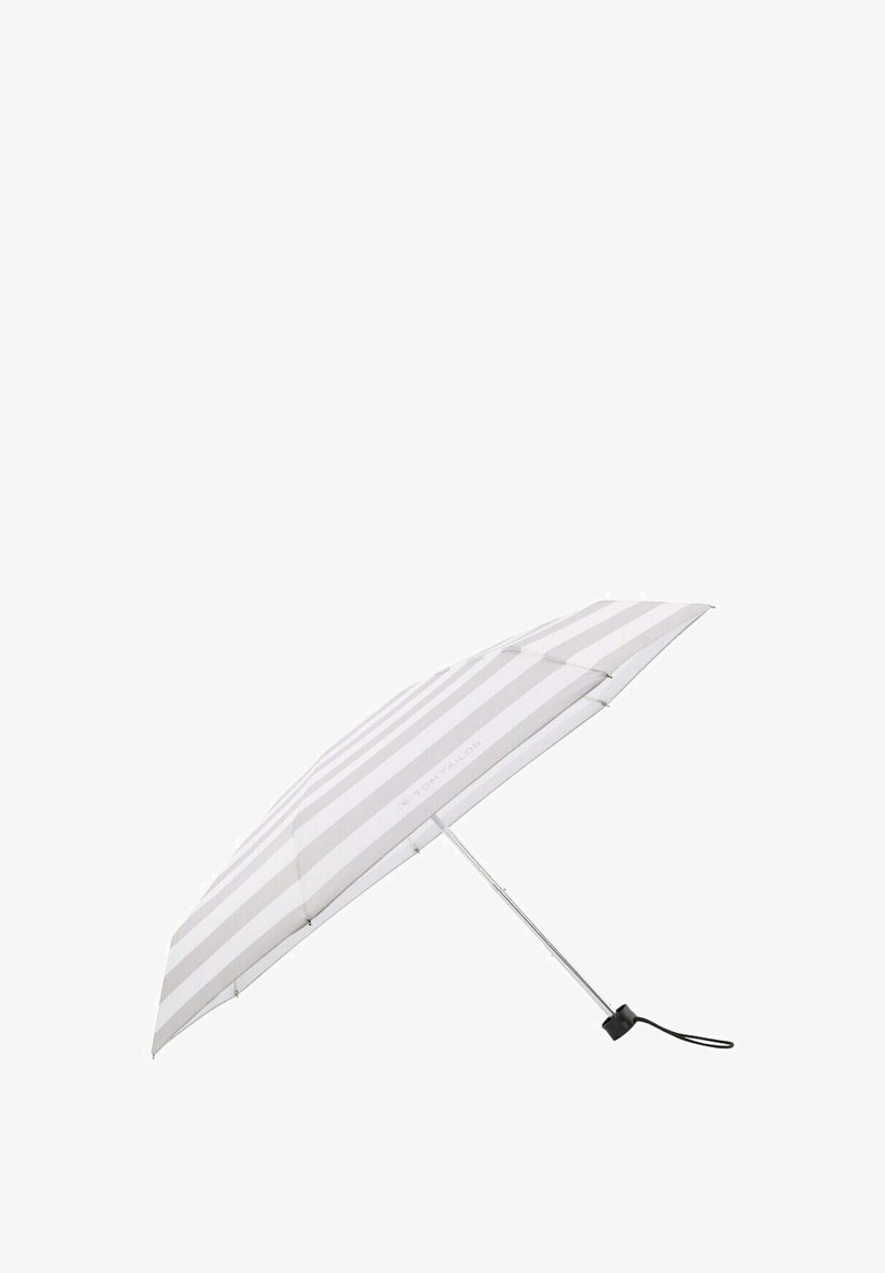 Striped umbrella with gray and white alternating stripes, metal frame, and a black rubber handle. Lightweight design for portability.