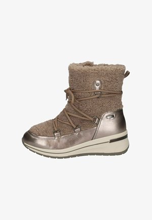 Brown fleece-lined ankle boot with metallic accents, elastic lacing, and a platform sole. Textured upper and durable outsole for support.